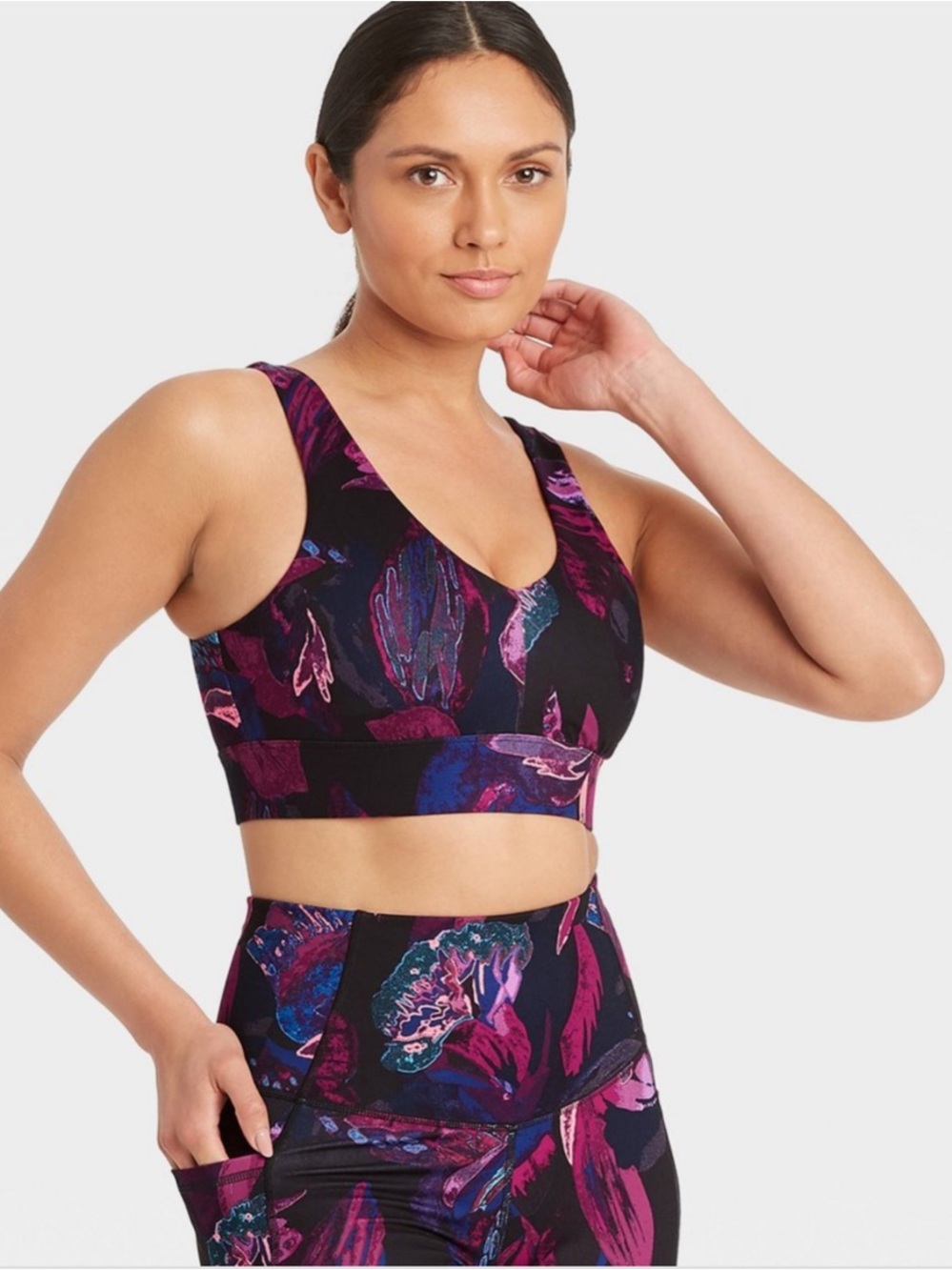 All in Motion Purple Multi Longline Printed Sports Bra with Twisted Back